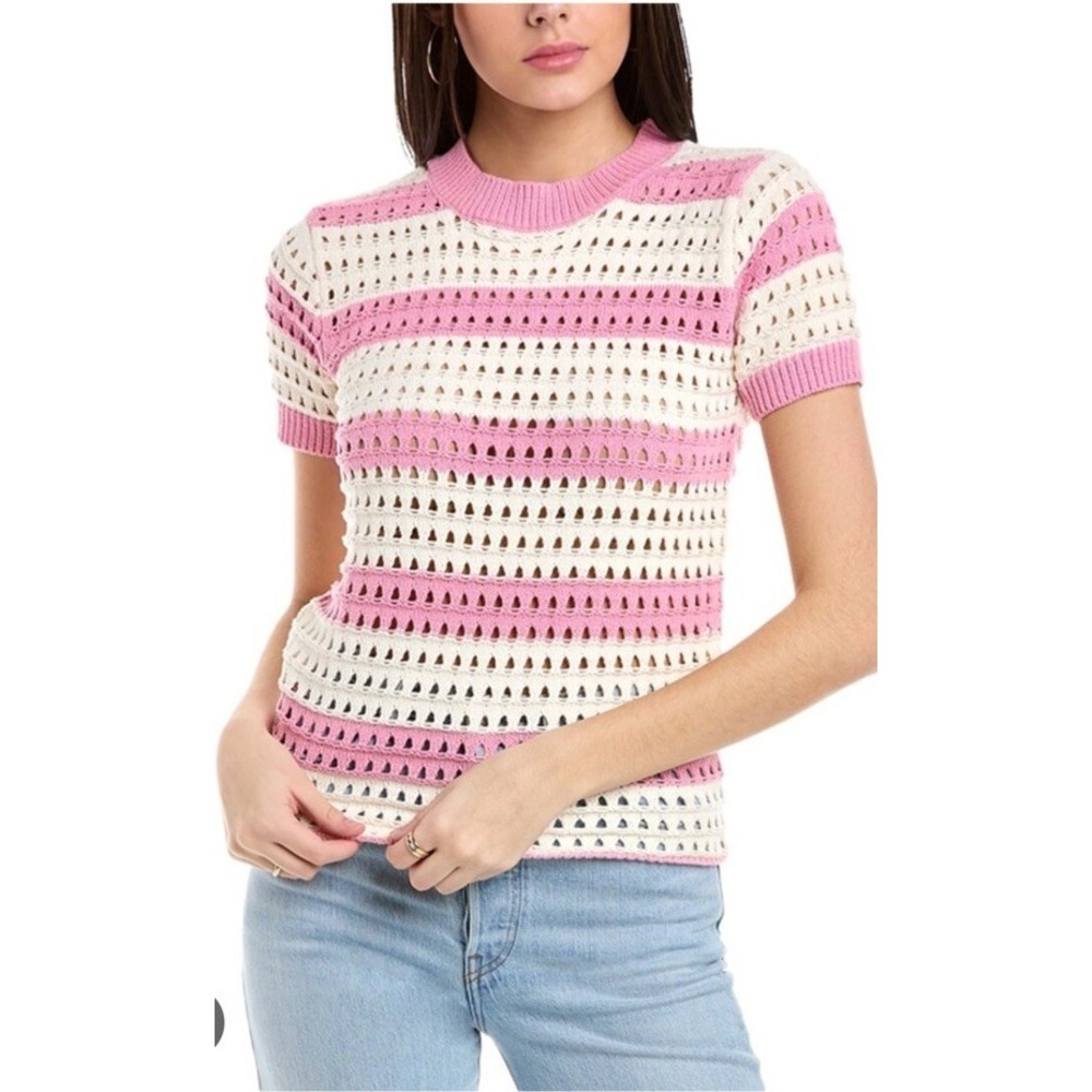 $179 Alexia Admor Chloe Stripe Open Knit Pink Cream Sweater Short Sleeve Sz S